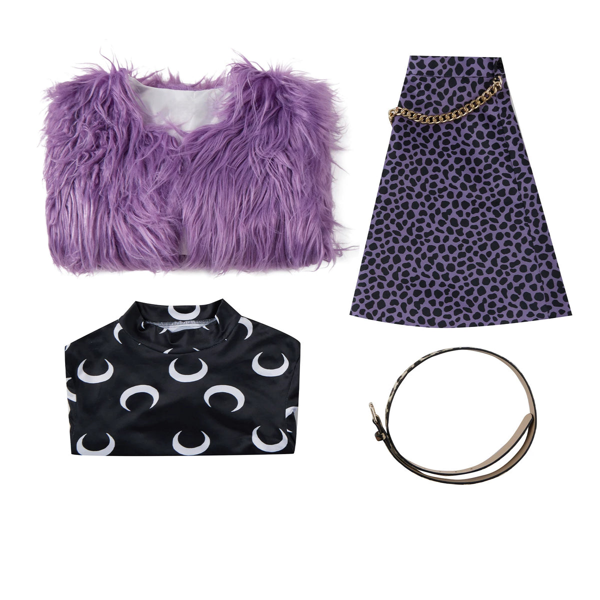 Flat lay of the purple shaggy jacket, moon-print top, leopard-print skirt and coordinating accessories