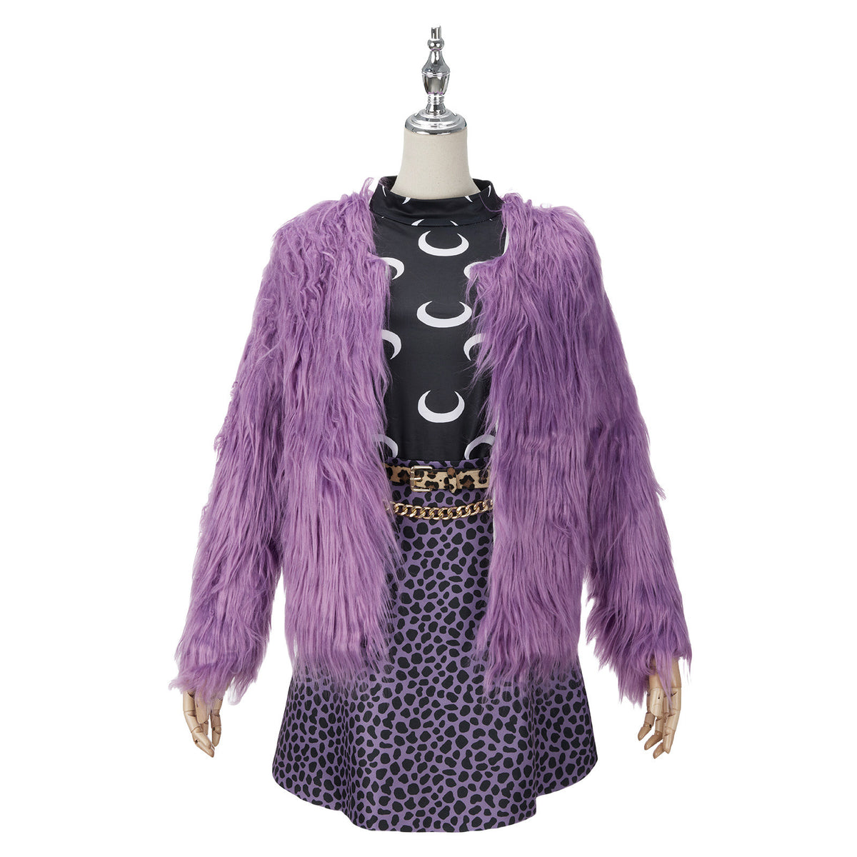 Front view of a Clawdeen Wolf movie cosplay outfit with a purple shaggy jacket, moon-print top and leopard-print skirt