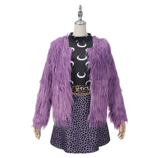 Front view of a Clawdeen Wolf movie cosplay outfit with a purple shaggy jacket, moon-print top and leopard-print skirt
