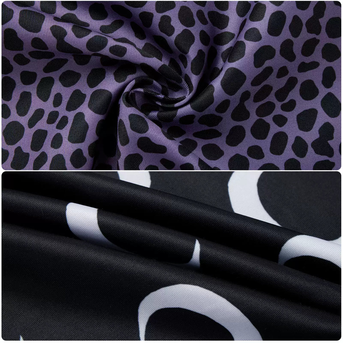Close-up of purple leopard-print skirt fabric and black crescent-moon print top fabric