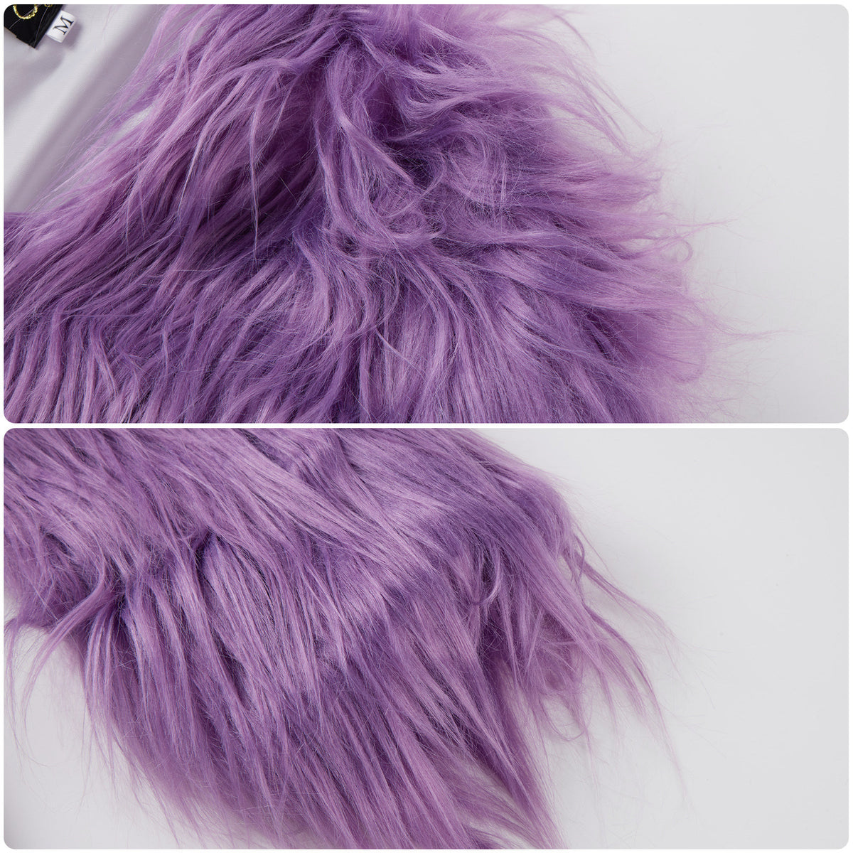 Purple long-pile jacket fabric and sleeve cuff shown in close-up