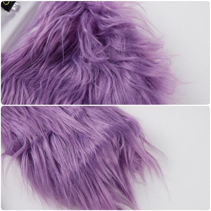 Purple long-pile jacket fabric and sleeve cuff shown in close-up
