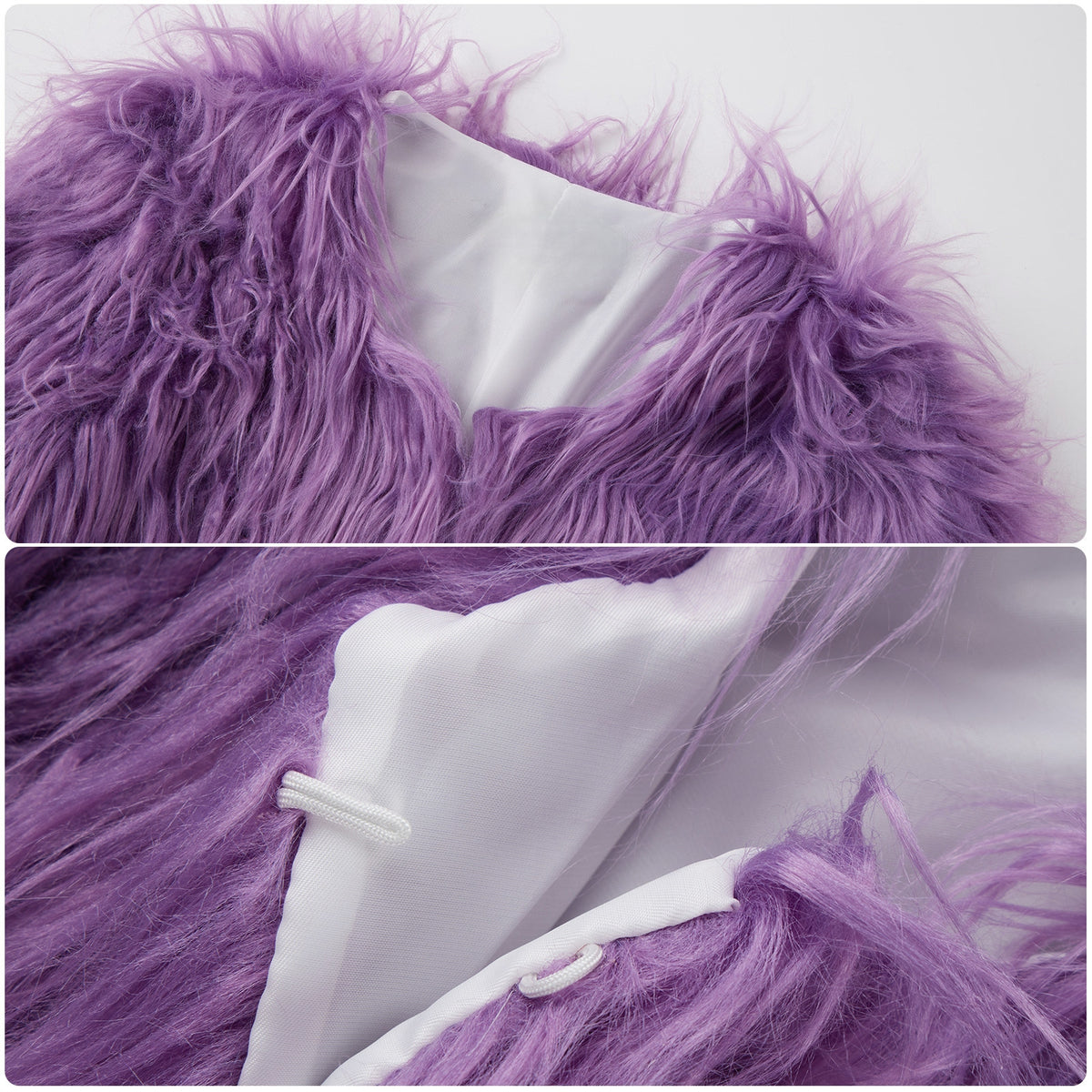 Close-up of the purple shaggy jacket neckline and white lining