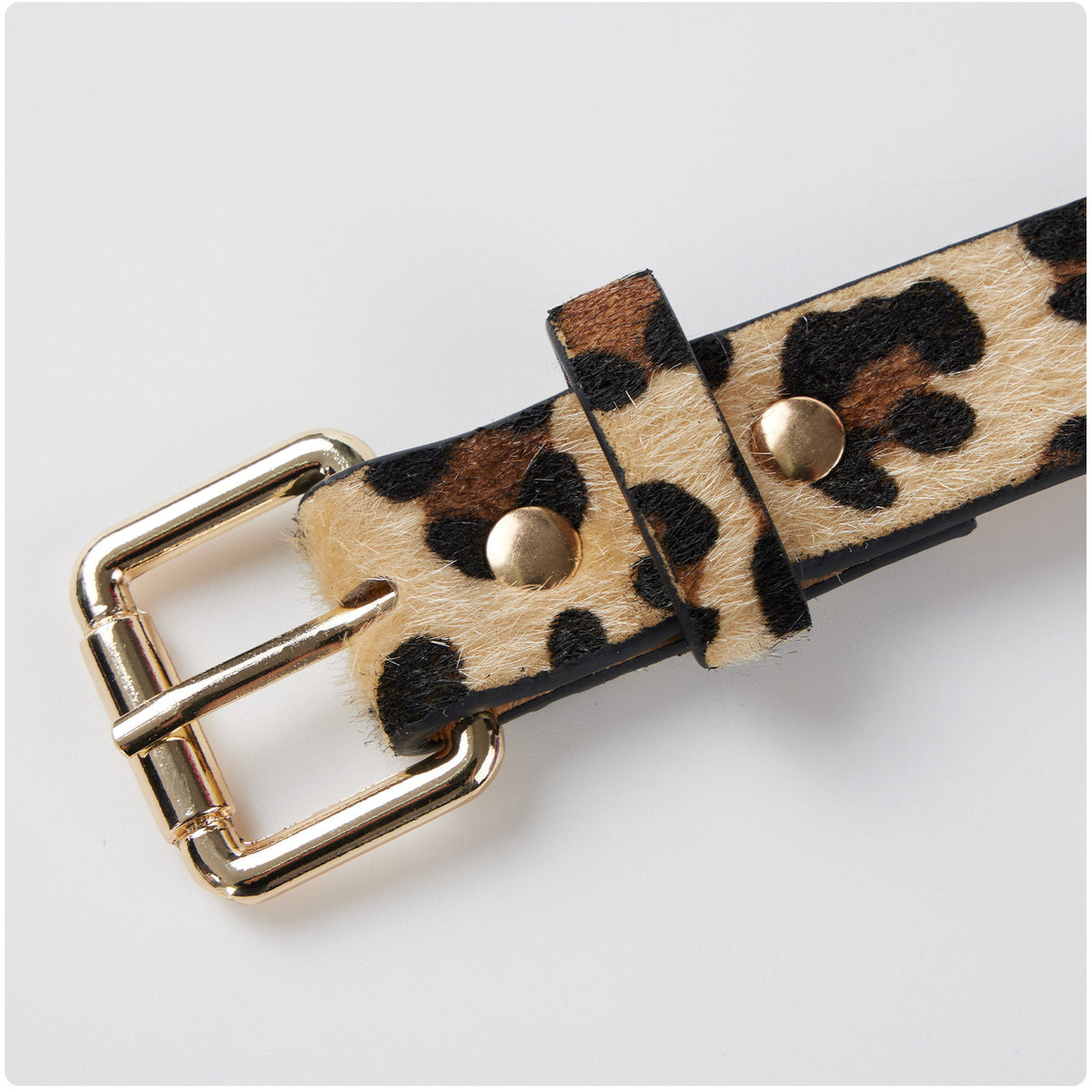 Tan and black leopard-print belt with a rectangular gold-tone buckle