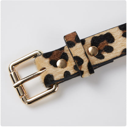 Tan and black leopard-print belt with a rectangular gold-tone buckle