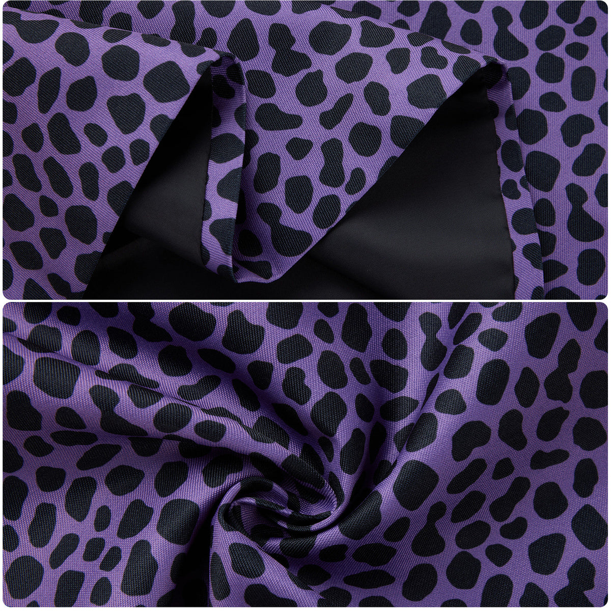 Close-up views of the purple and black leopard-print skirt fabric and seams
