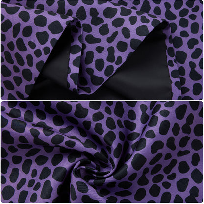 Close-up views of the purple and black leopard-print skirt fabric and seams