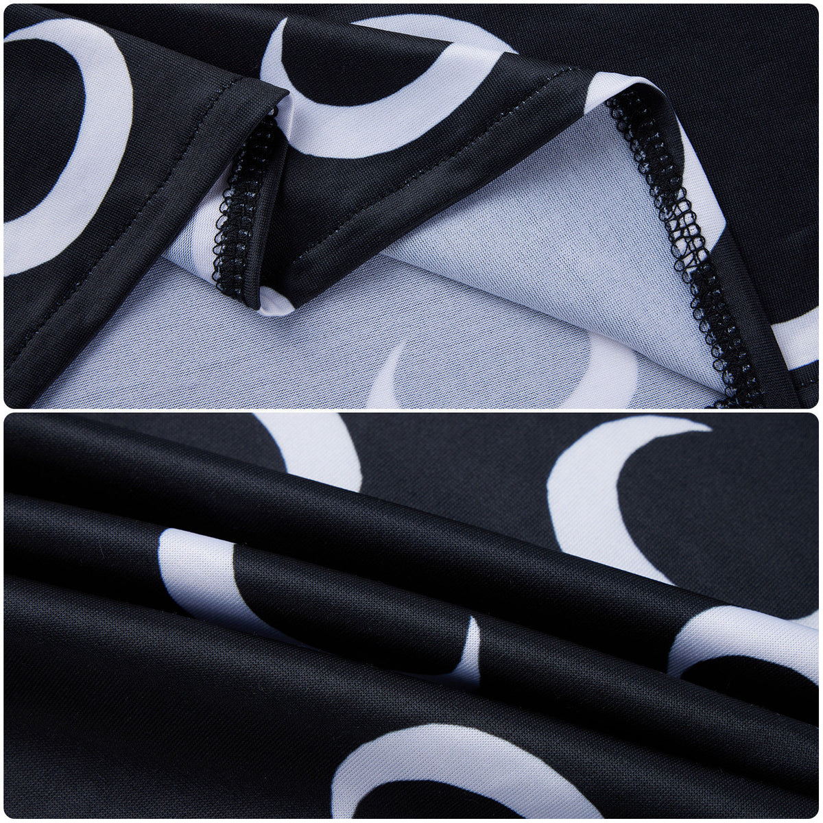 Close-up of the moon-print top fabric, interior stitching and finished edges