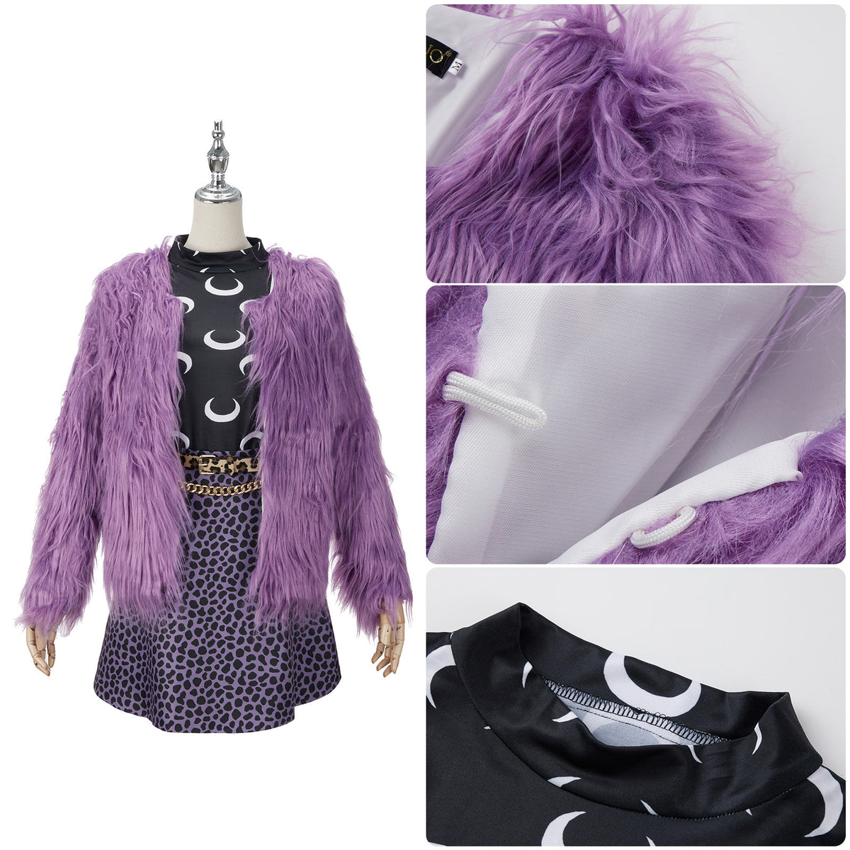 Clawdeen Wolf cosplay outfit with close-up views of the purple jacket, lining and moon-print neckline