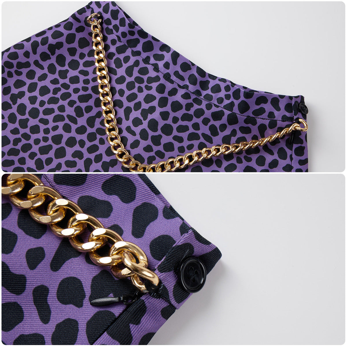 Purple leopard-print skirt waistband with a gold-tone chain detail