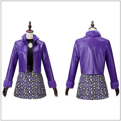Front and back views of the purple jacket and patterned skirt cosplay outfit