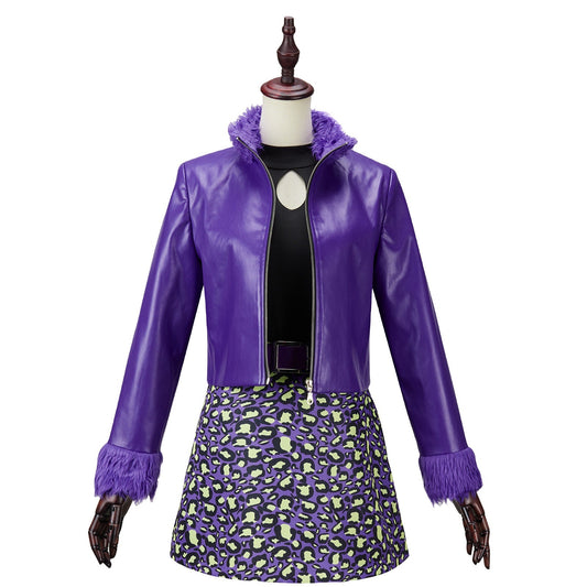 Front view of a Clawdeen Wolf cosplay costume with a glossy purple jacket and leopard-print skirt