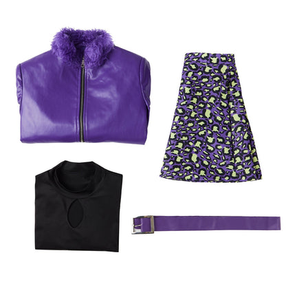 Flat lay of the purple jacket, black top, patterned skirt and purple belt