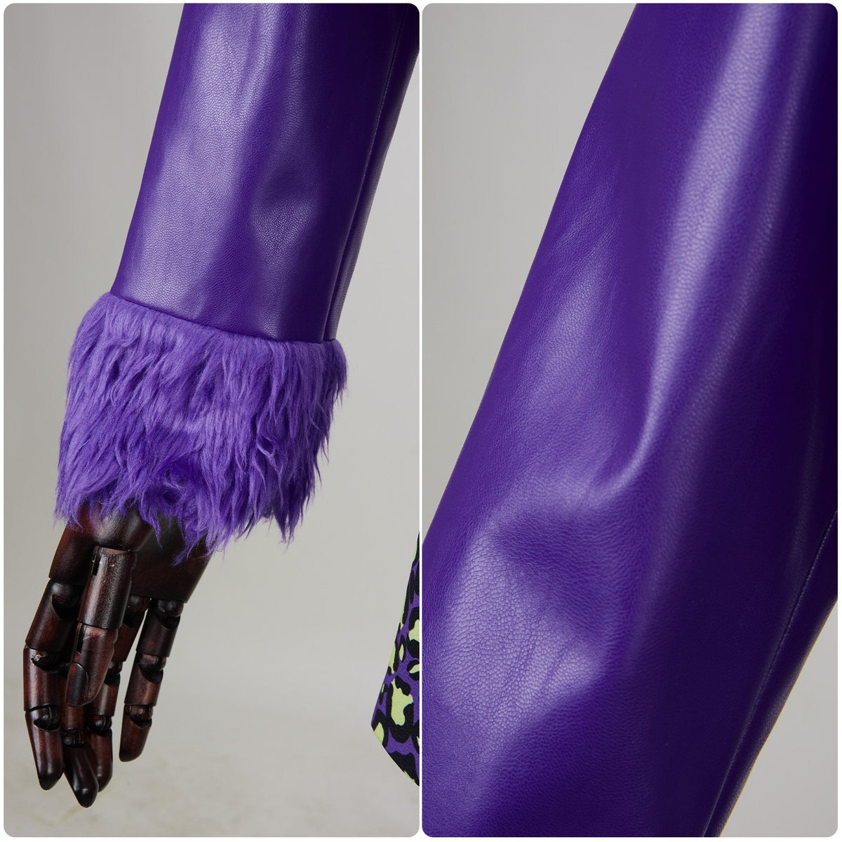 Close-up of the glossy purple jacket sleeve and fluffy purple cuff trim