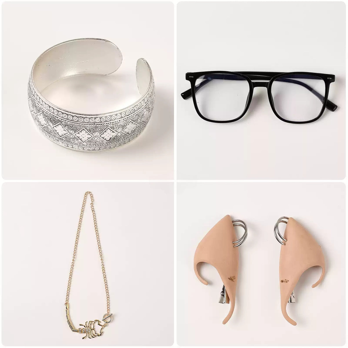 Clawdia Wolf cosplay accessories including black-framed glasses, jewelry and wolf-ear pieces