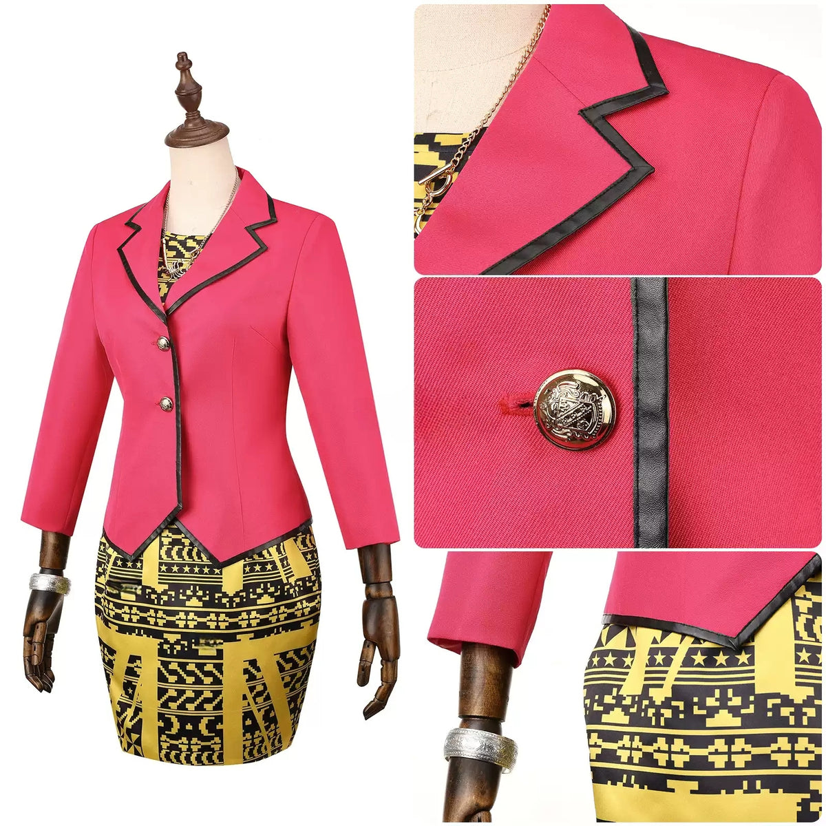 Clawdia Wolf cosplay outfit with close-up views of the black lapel trim and decorative blazer button