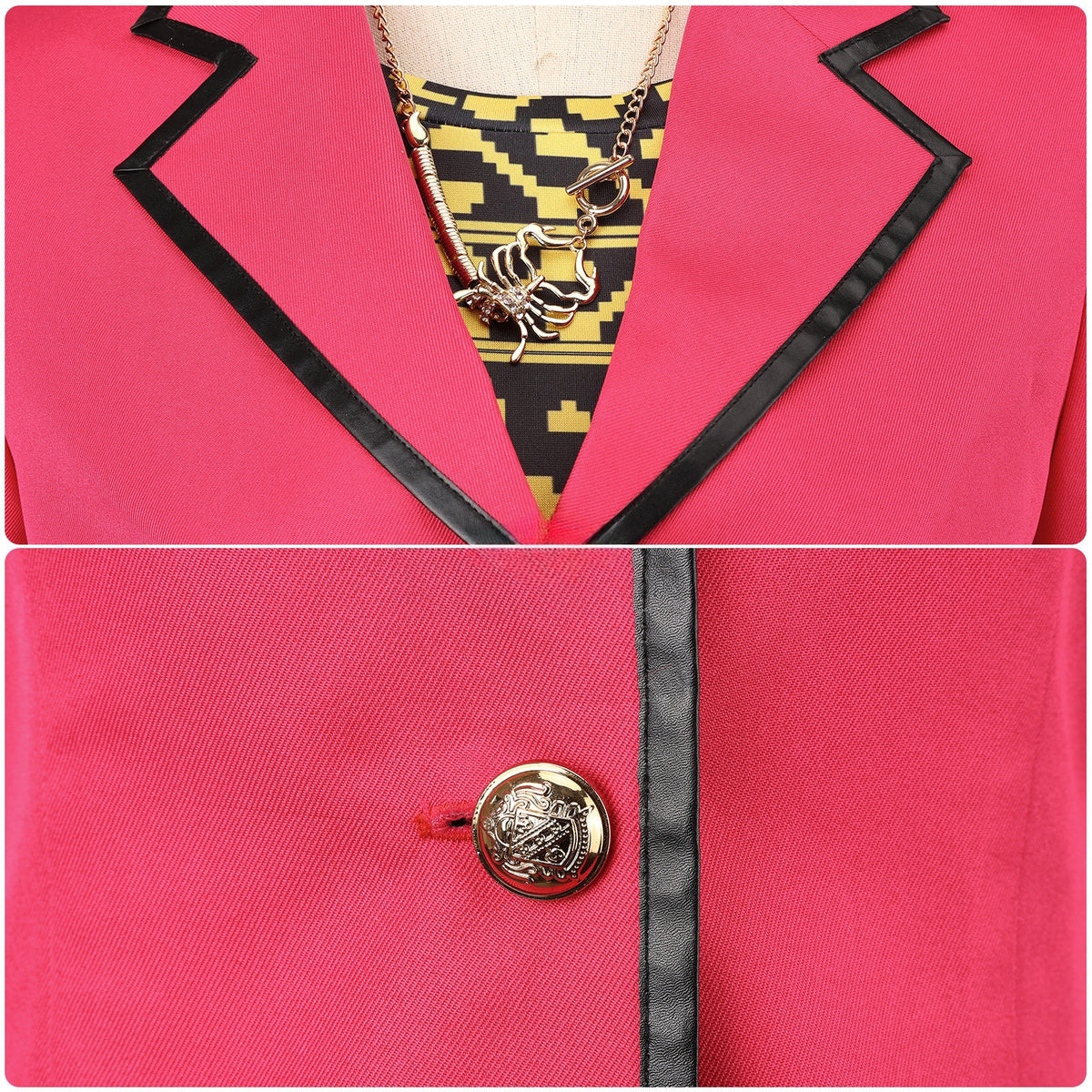 Pink blazer collar and decorative front button with black contrasting trim