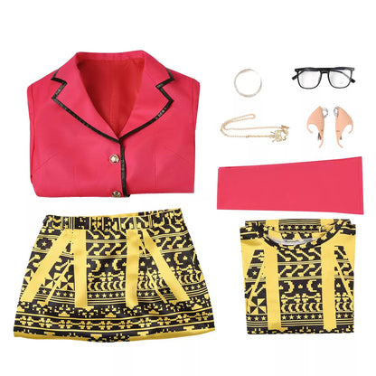 Flat lay of the pink blazer, gold and black patterned dress and coordinating cosplay accessories