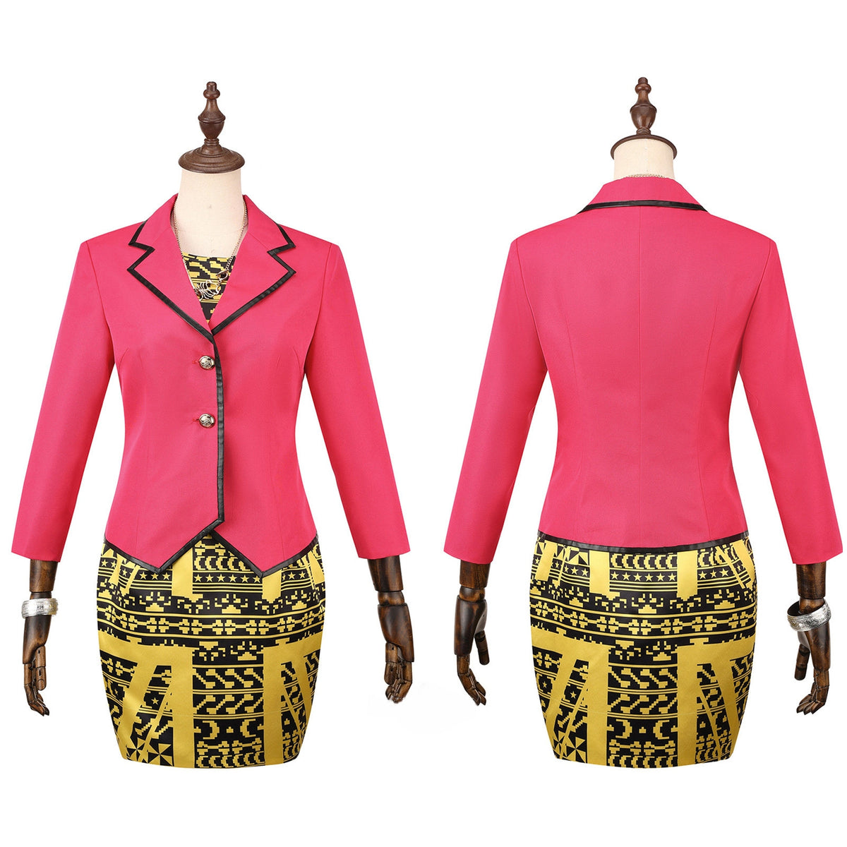 Front and back views of the Clawdia Wolf cosplay outfit with a pink blazer