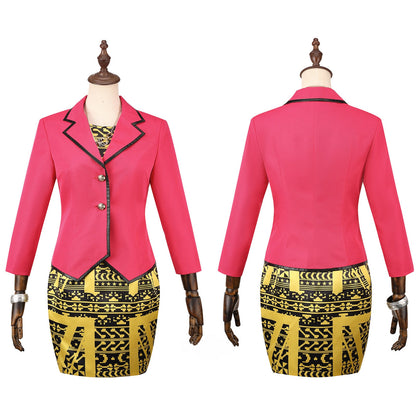 Front and back views of the Clawdia Wolf cosplay outfit with a pink blazer