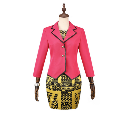 Front view of a Clawdia Wolf cosplay costume with a pink blazer and black and gold patterned dress