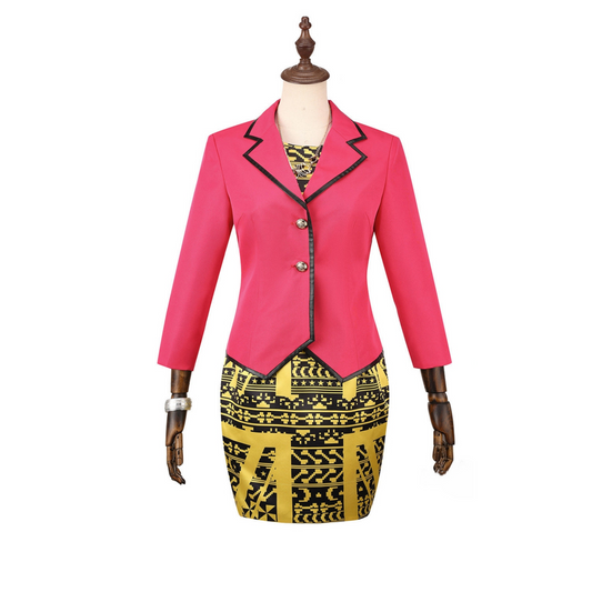Front view of a Clawdia Wolf cosplay costume with a pink blazer and black and gold patterned dress