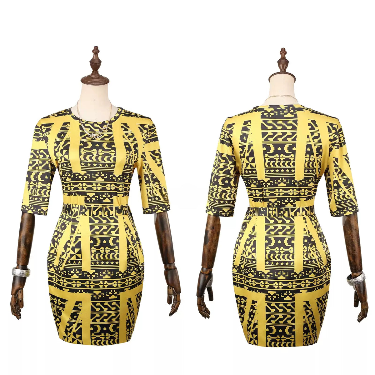 Front and back views of the gold and black geometric-print dress with elbow-length sleeves