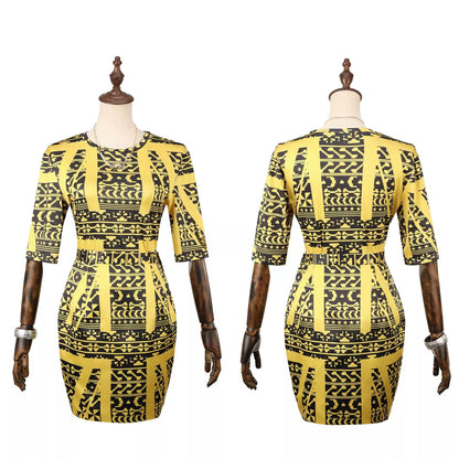Front and back views of the gold and black geometric-print dress with elbow-length sleeves