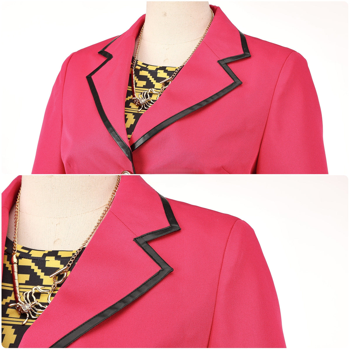 Close-up views of the pink blazer neckline, shoulders and black-trimmed lapels