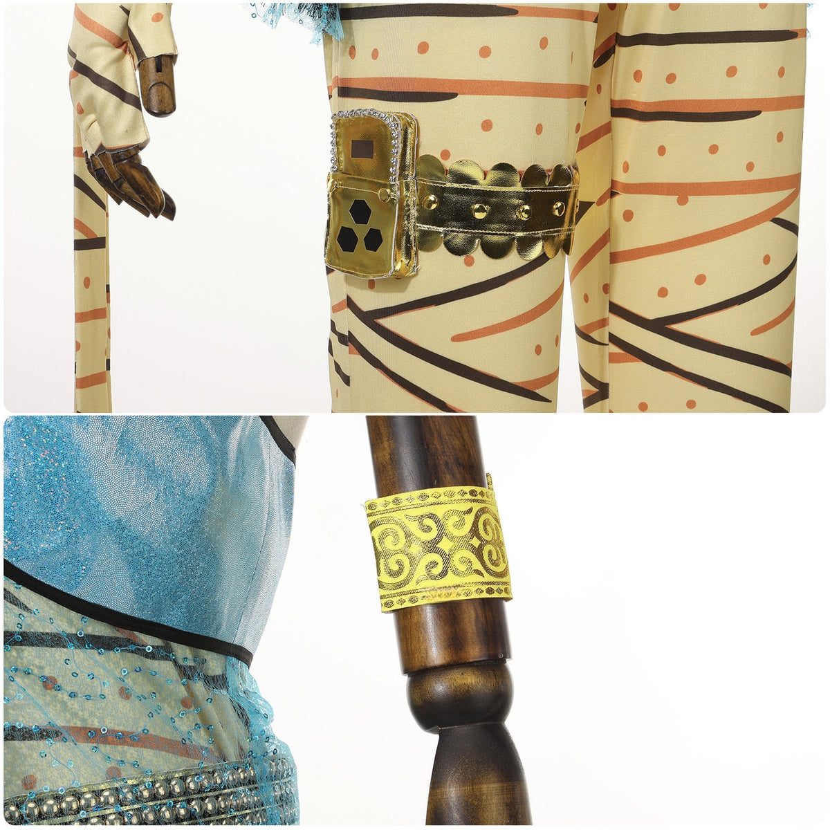 Close-up of the bandage print, blue fabric and gold-tone arm cuff