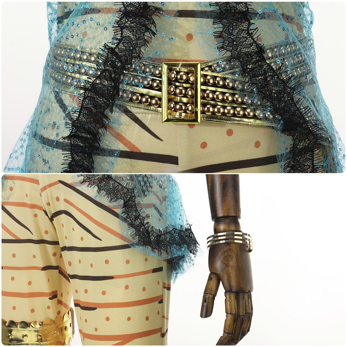 Gold-tone waist belt and asymmetric blue overlay on a Cleo de Nile cosplay outfit