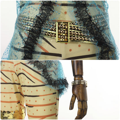 Gold-tone waist belt and asymmetric blue overlay on a Cleo de Nile cosplay outfit