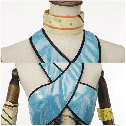 Blue patterned crossover halter neckline on a Cleo de Nile cosplay costume