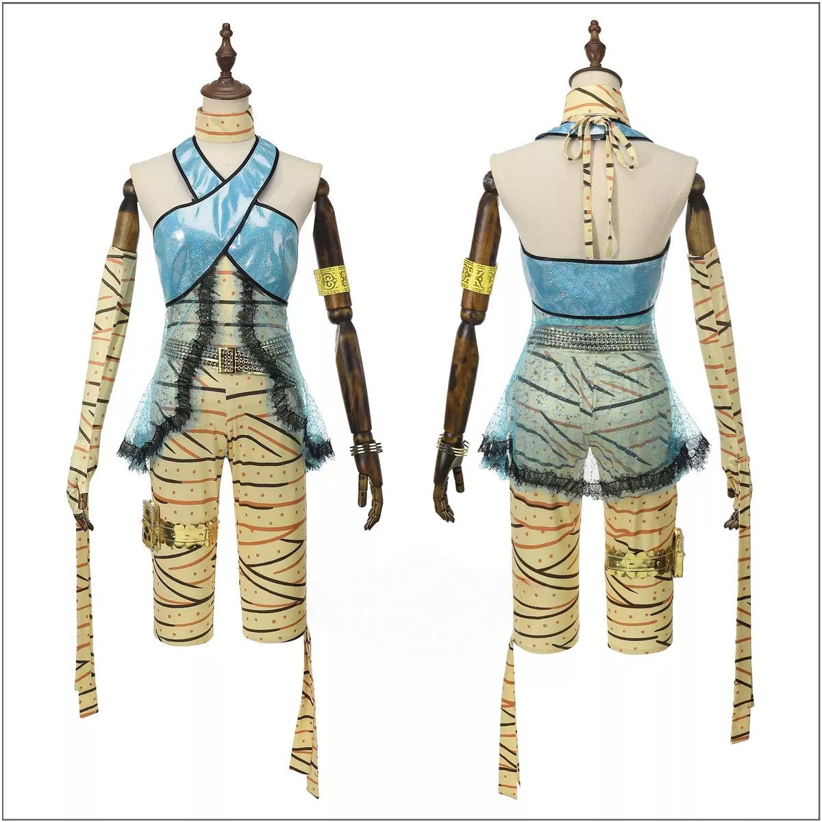 Front and back views of a Cleo de Nile inspired blue and gold cosplay costume