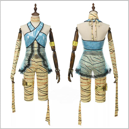 Front and back views of a Cleo de Nile inspired blue and gold cosplay costume