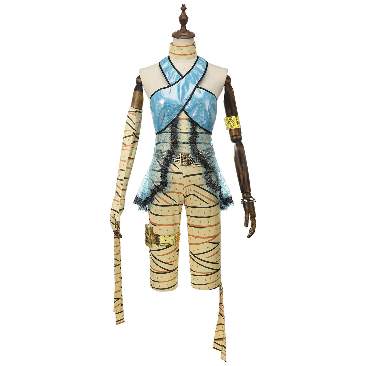 Front view of a Cleo de Nile cosplay costume with a blue crossover top and bandage-print design