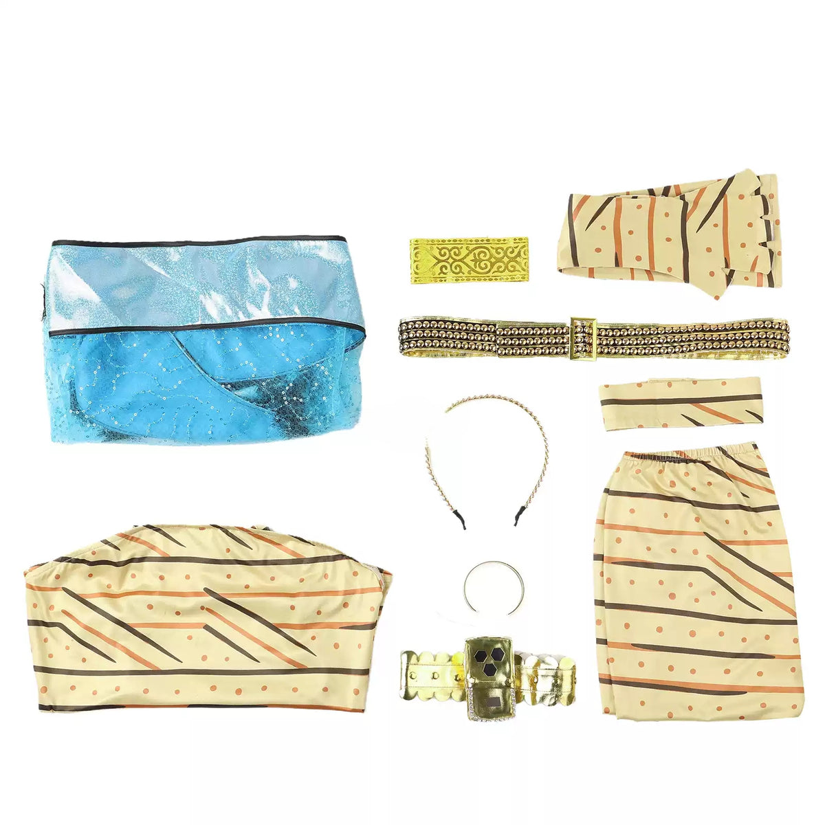 Flat lay of Cleo de Nile cosplay costume pieces and coordinating gold-tone accessories