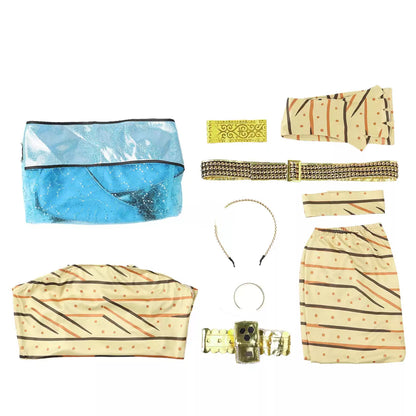 Flat lay of Cleo de Nile cosplay costume pieces and coordinating gold-tone accessories