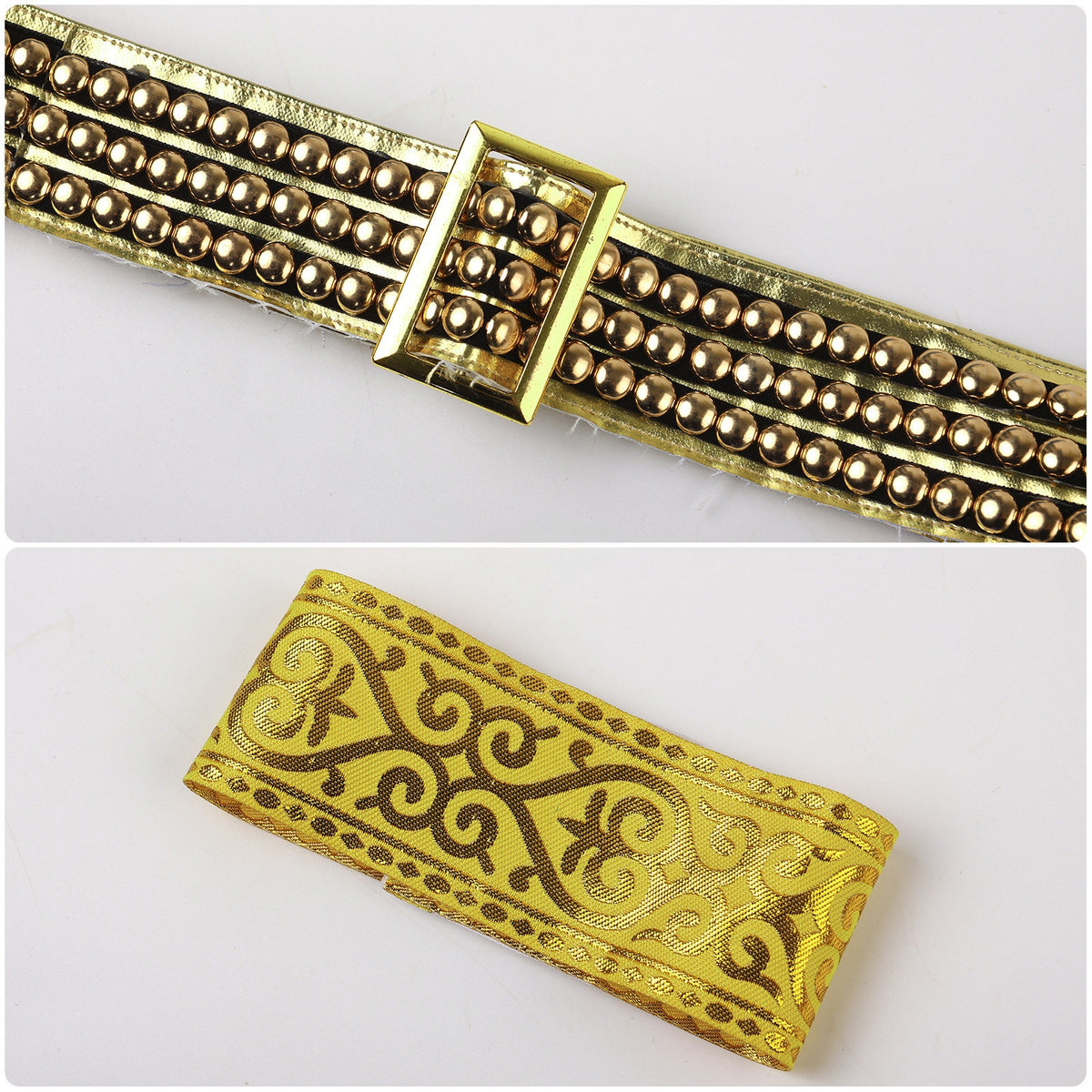 Decorative gold-tone belt and patterned arm cuff for a Cleo de Nile costume