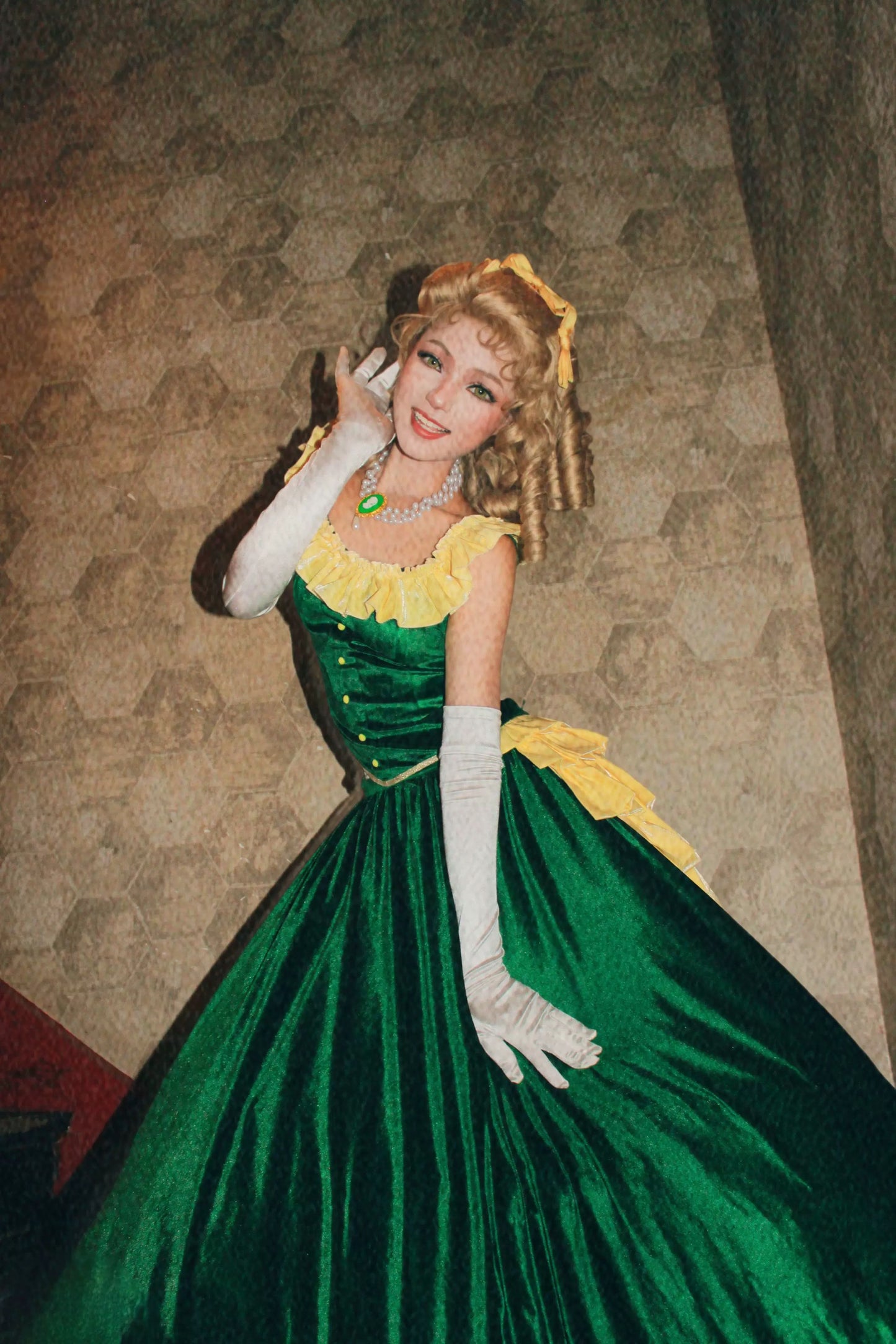 Model wearing the Barbie Christmas Carol Eden Starling costume