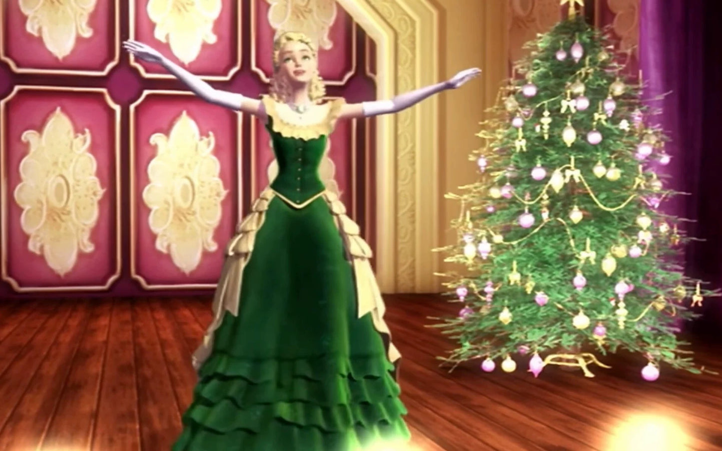 Eden Starling green cosplay dress displayed beside a Christmas tree