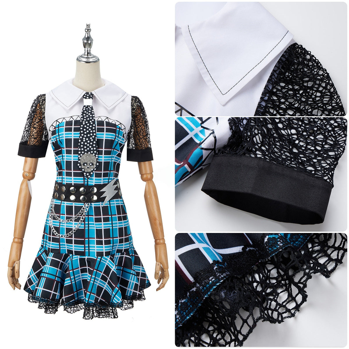 Frankie Stein cosplay outfit with close-up views of the collar, lace sleeve and plaid skirt