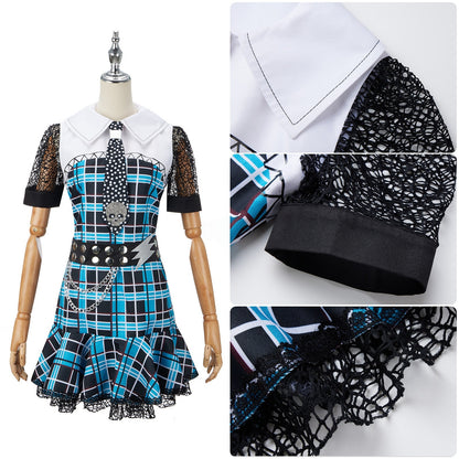 Frankie Stein cosplay outfit with close-up views of the collar, lace sleeve and plaid skirt