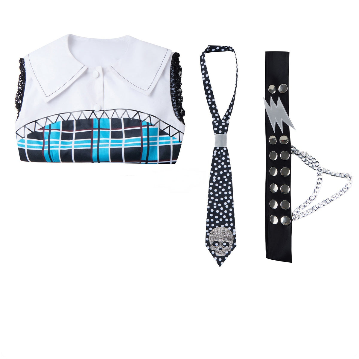 Flat lay of the blue plaid cosplay dress, patterned tie and black studded belt