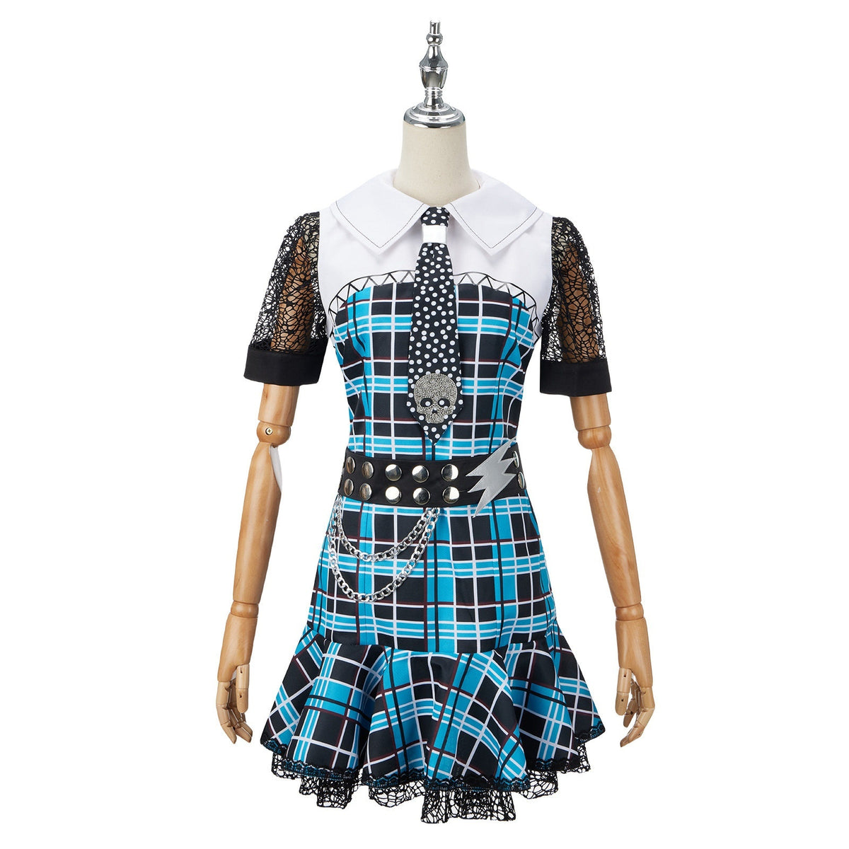 Front view of a Frankie Stein cosplay dress with blue plaid fabric, white collar and lightning-detail belt