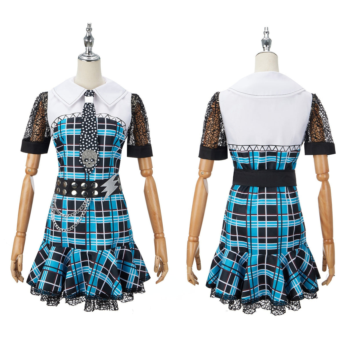 Front and back views of the blue plaid Frankie Stein cosplay dress with black lace sleeves