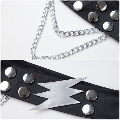 Black studded cosplay belt with a silver-tone lightning detail and hanging chains
