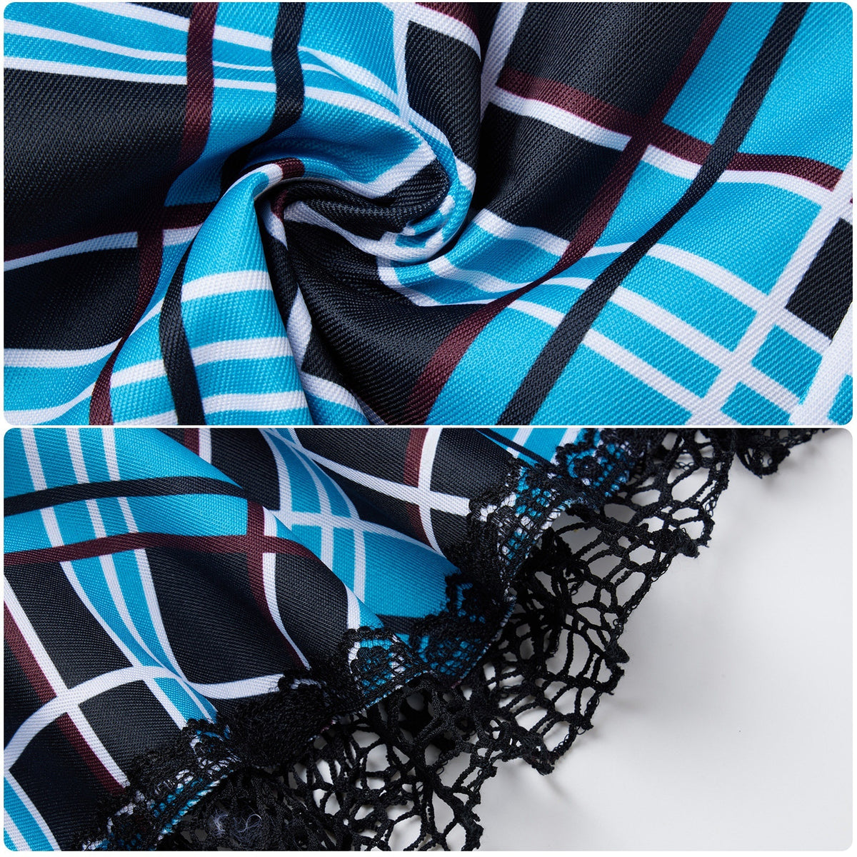 Close-up of blue, black and white plaid fabric and black lace skirt trim