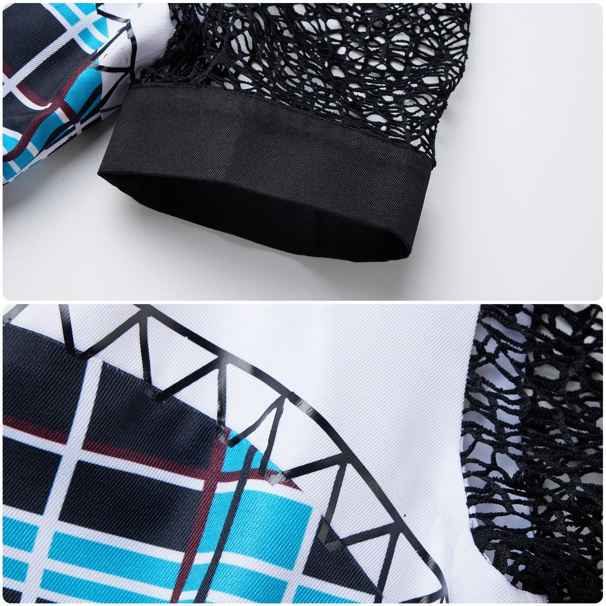Black lace sleeve with a solid cuff and decorative stitching along the plaid bodice