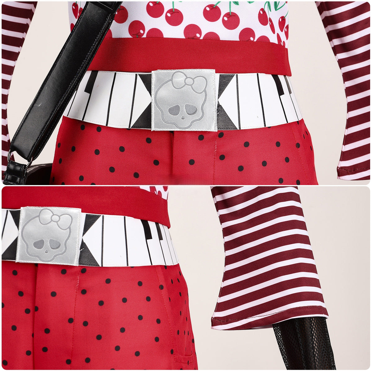 White graphic belt and red and white striped sleeve cuff on a Ghoulia Yelps cosplay outfit
